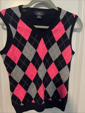 Brooks Brothers Navy Argyle V-Neck Sweater Vest with Pink and Gray Diamonds